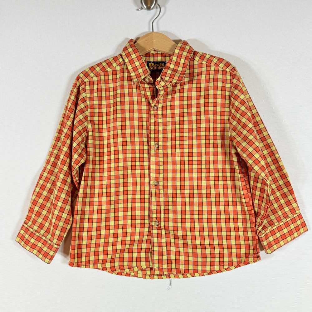 Vtg Kids Shirt 5T Bob the Builder Button Down Orange Yellow Plaid‎ Nostalgia 90s